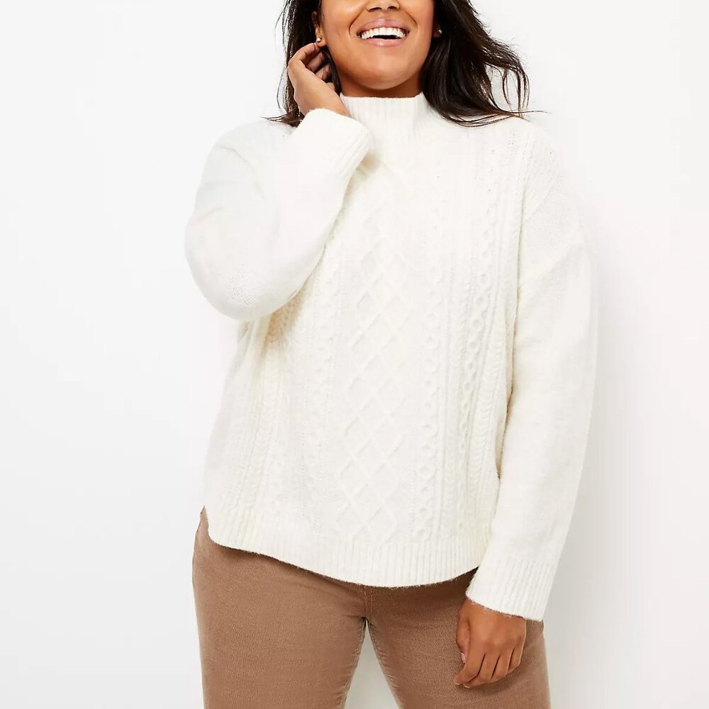 Ann Taylor LOFT Plus Mock Turtleneck Cable Sweater Ivory Sz16/18 20/22 24/26 NWT